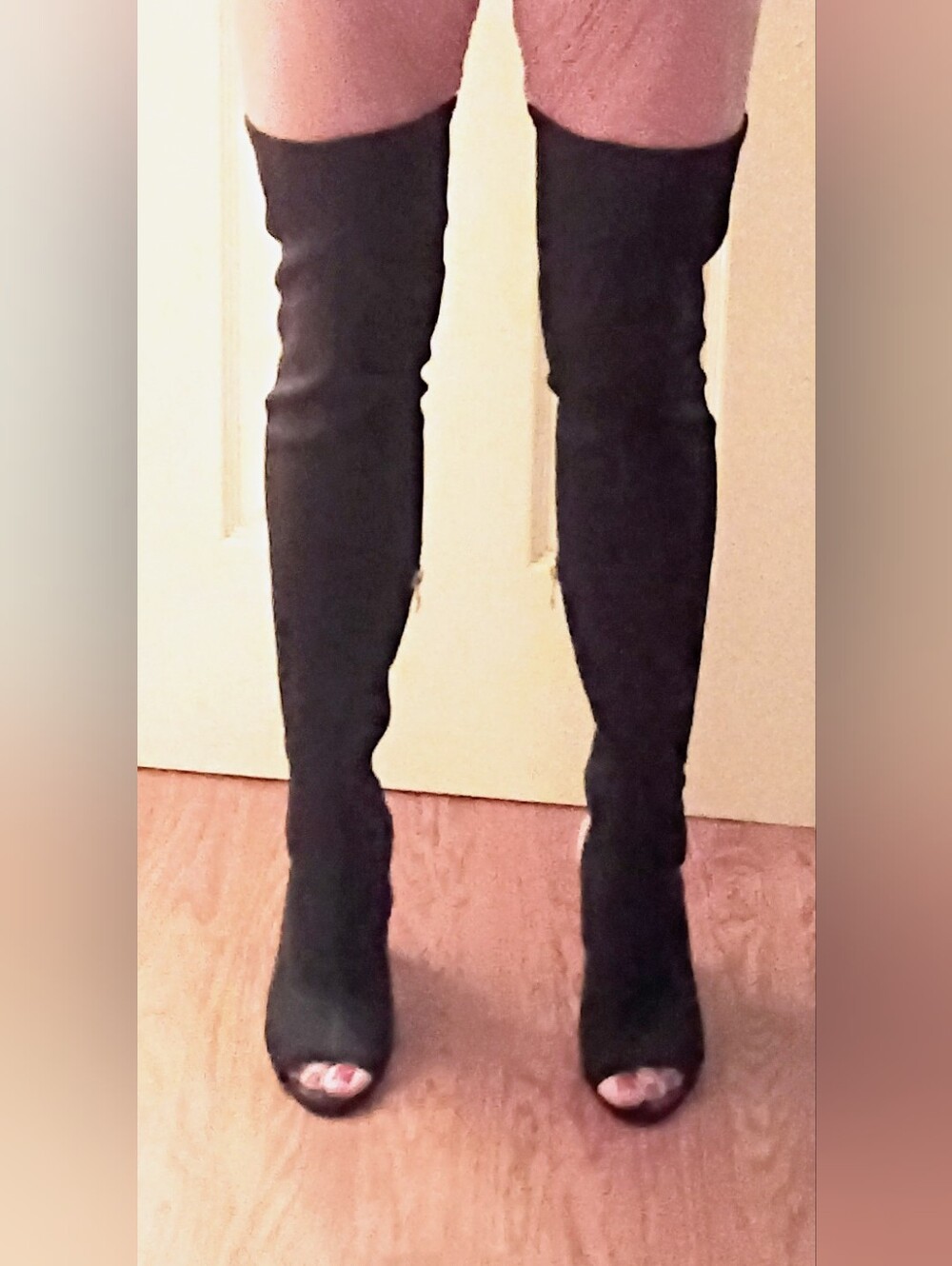 Herstyle Black Over-The-Knee Open-Toe Stretch Heeled Boots
